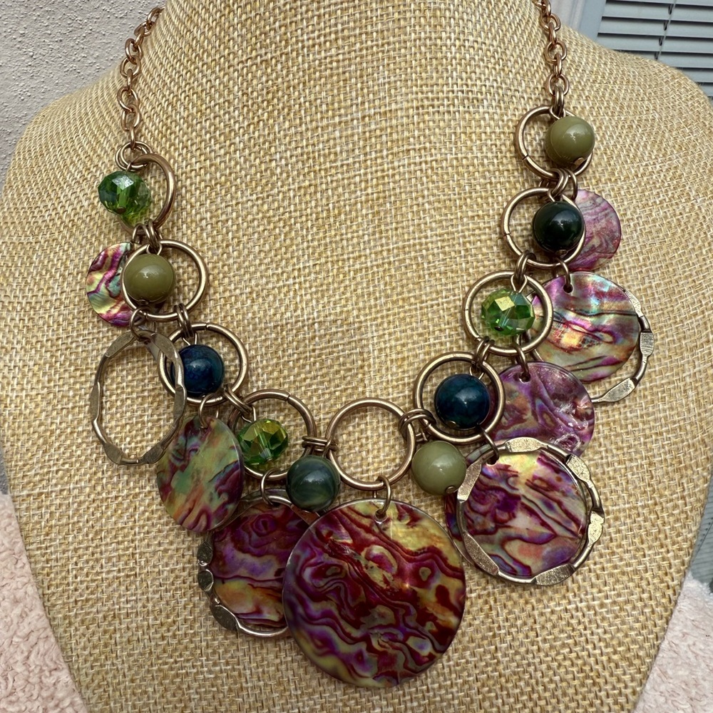Colorful Abstract Necklace with Green and Purple Accents